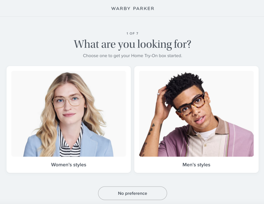 warby parker's lead capture quiz. This specific question asks what are you looking for women's or men's styles. 
